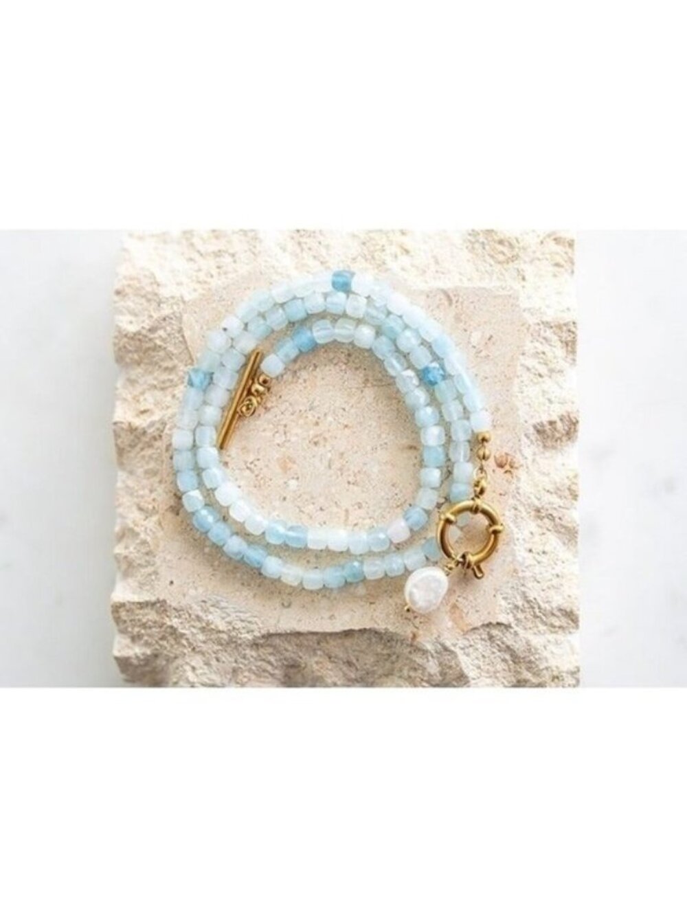 Aquamarine Gemstone Necklace with gold toggle clasp and removeable baroque pearl